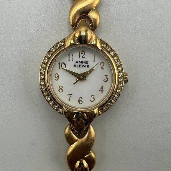 Anne Klein Watch Women Gold Tone White Dial Crystal Bezel Dainty New Battery 7" - Picture 1 of 12